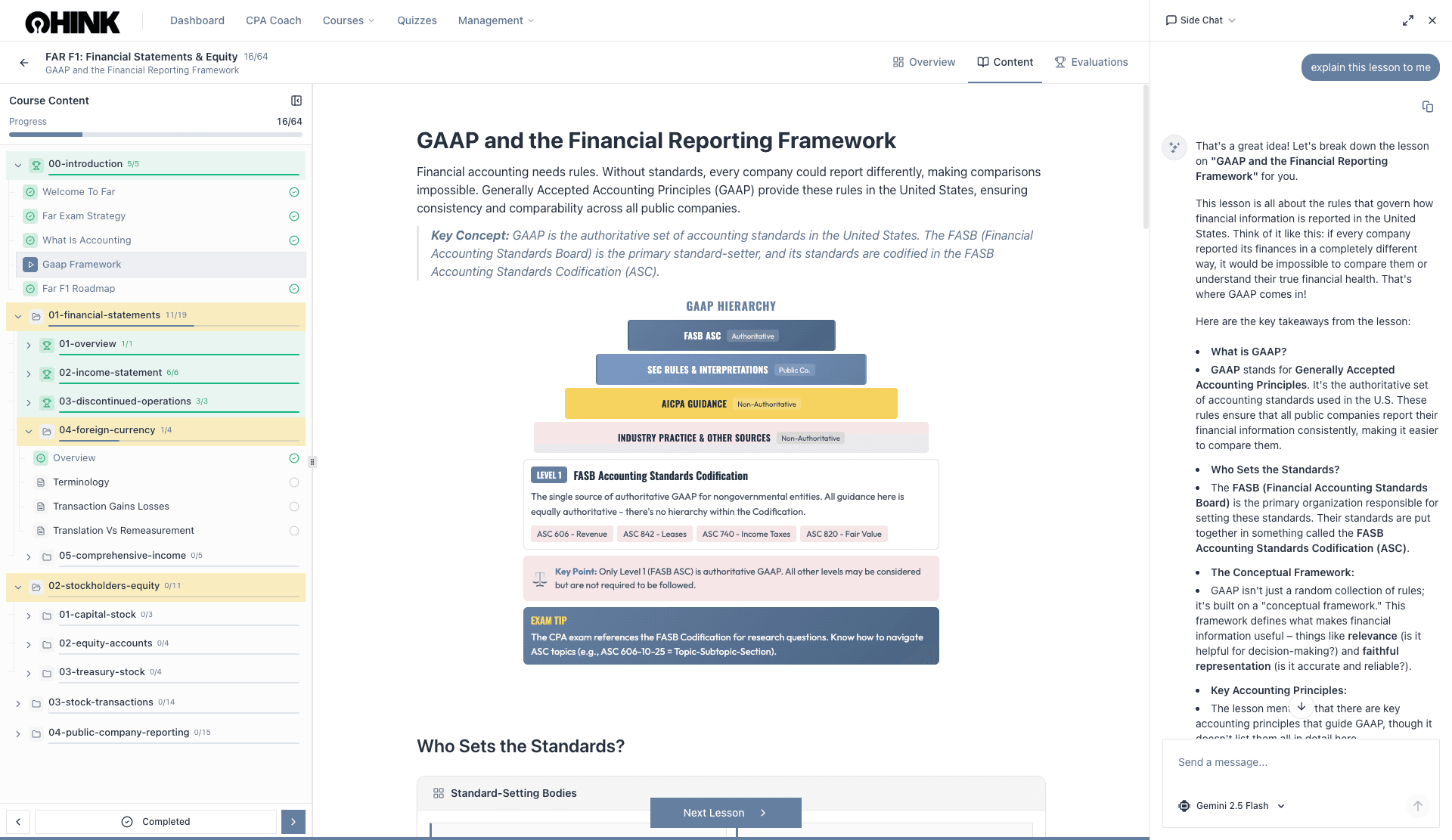 ThinkCPA FAR lesson with AI CPA Coach sidebar