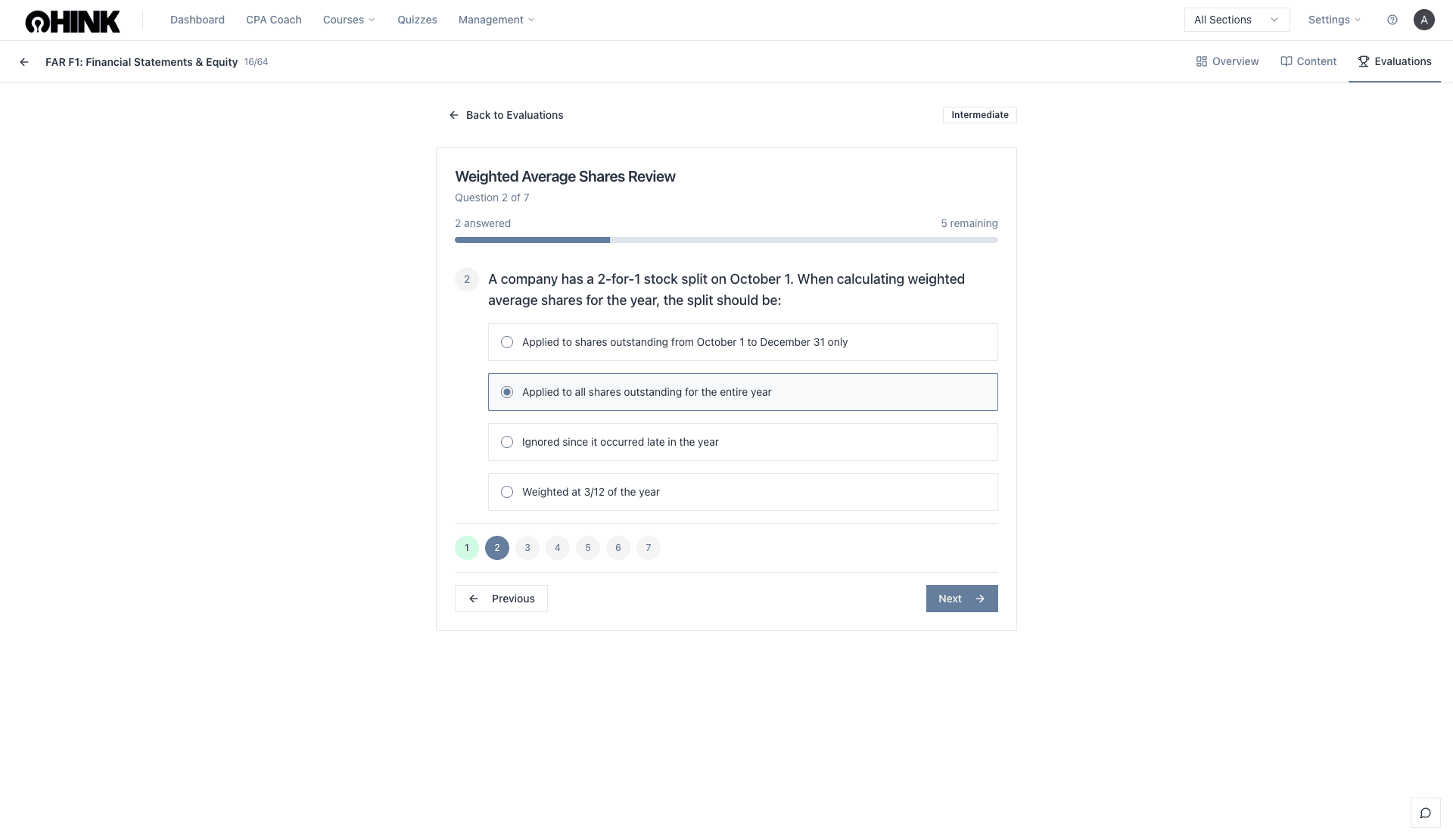 ThinkCPA multiple choice question on weighted average shares